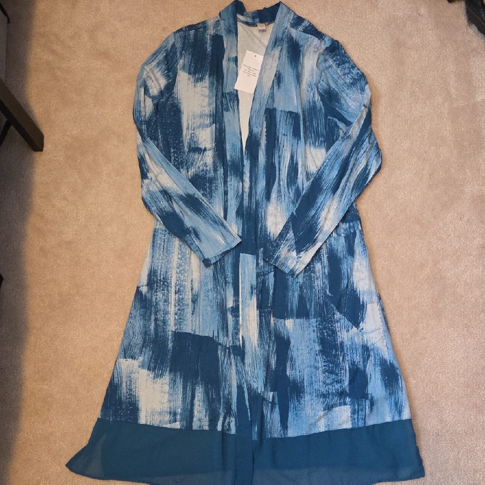 LOGO by Lori Goldstein Blue Patterned Duster Cardigan